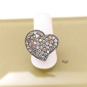 WHITE Crystal Bold Ring “2 Hearts As 1” Adjustable